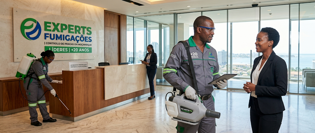 Técnico da Experts Fumigações com uma cliente
